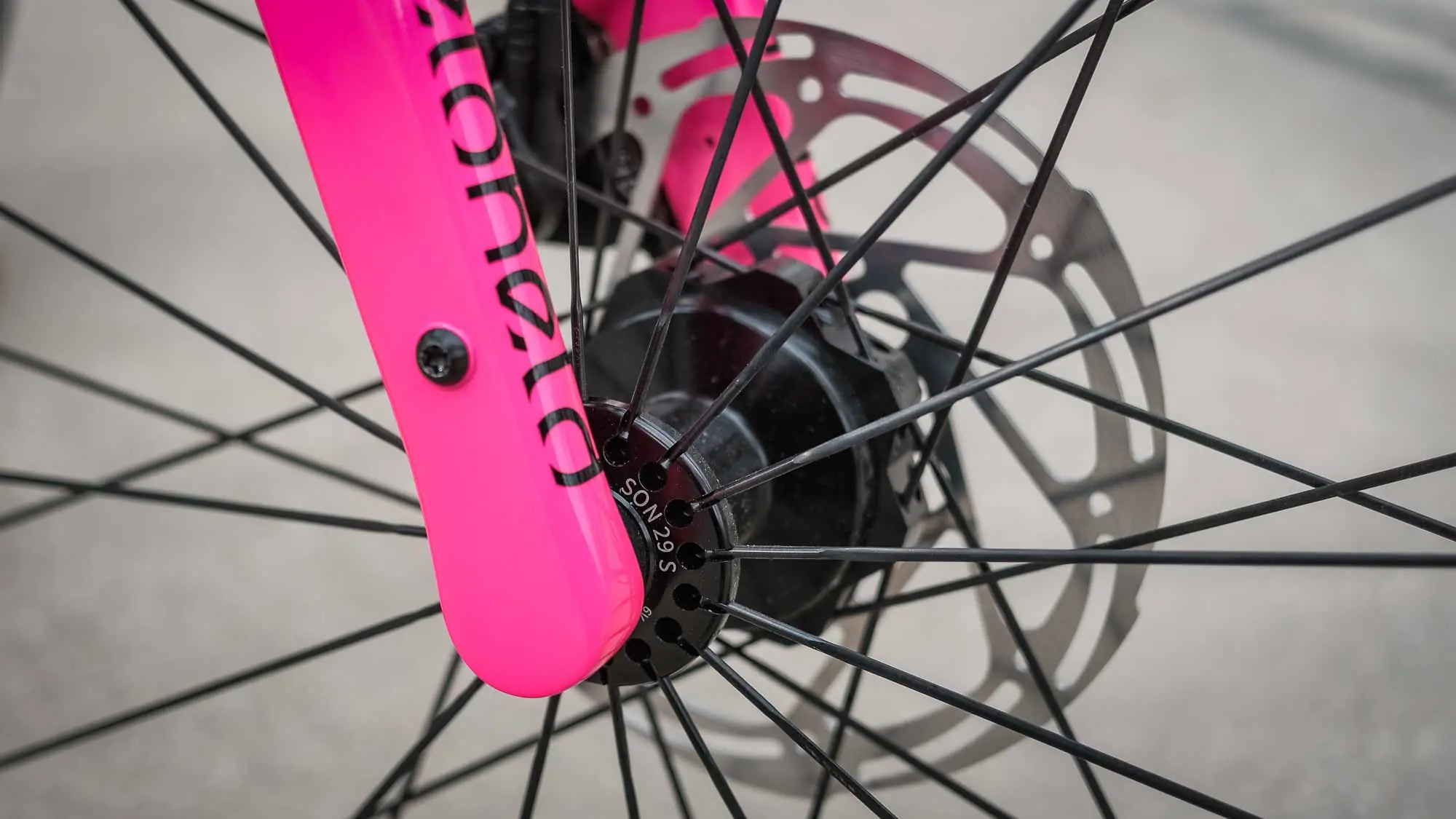 veloheld iconX Pinion Gravelbike Detail mit pinker Gabel