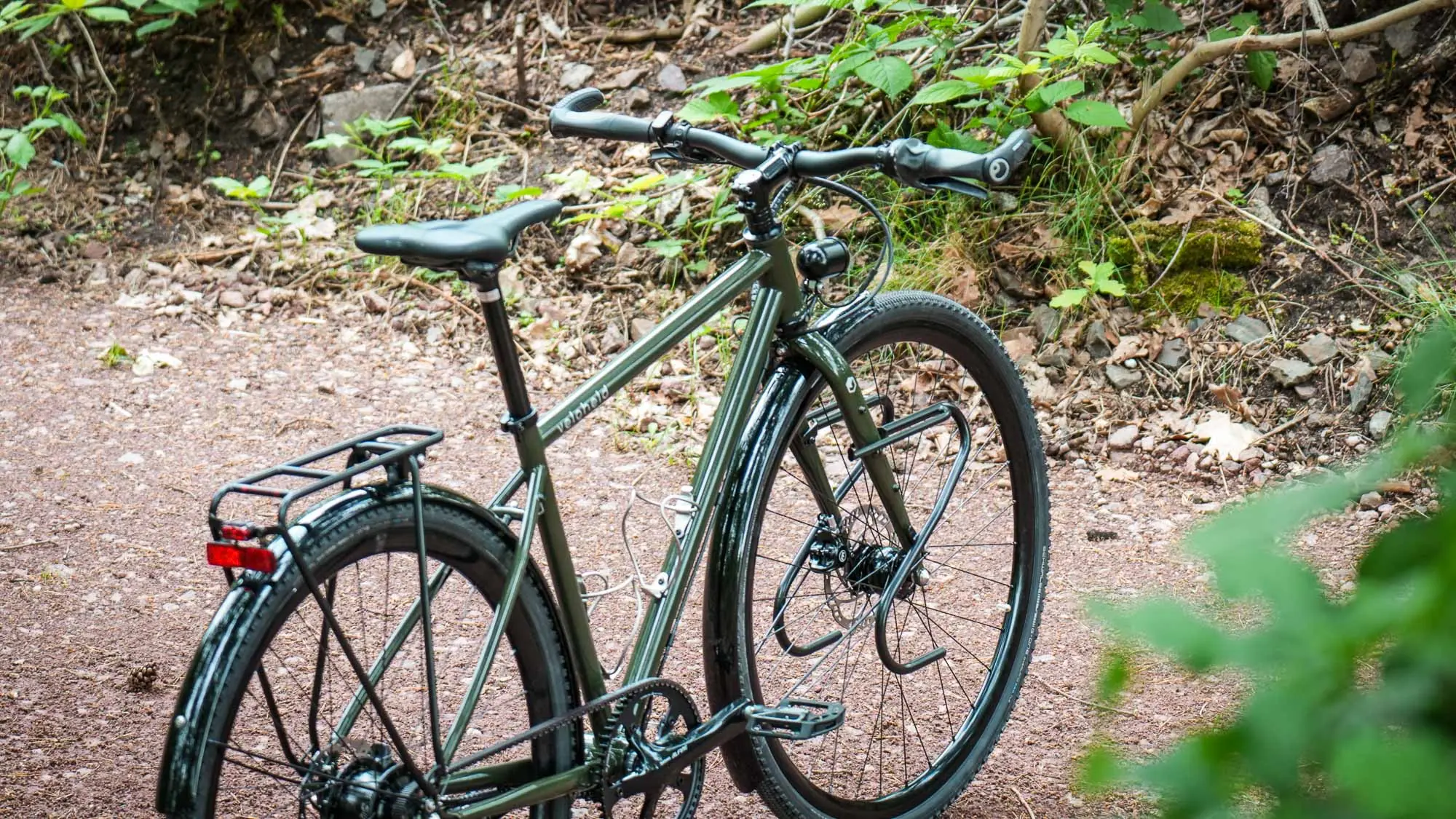 veloheld.alleyX mit Rohloff-Nabenschaltung, Gepäckträger und Schutzblechen auf einem Waldweg im Grünen.