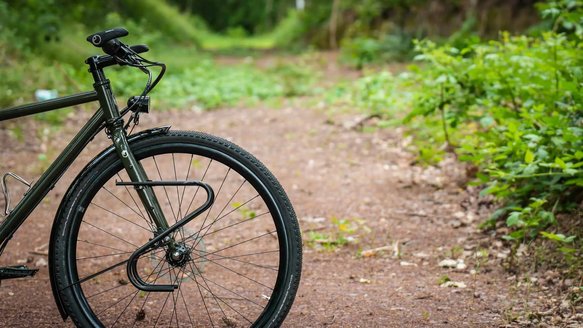 veloheld.alleyX mit Rohloff-Nabenschaltung auf Waldweg, Detailaufnahme von Vorderrad und Rahmen im Grünen.